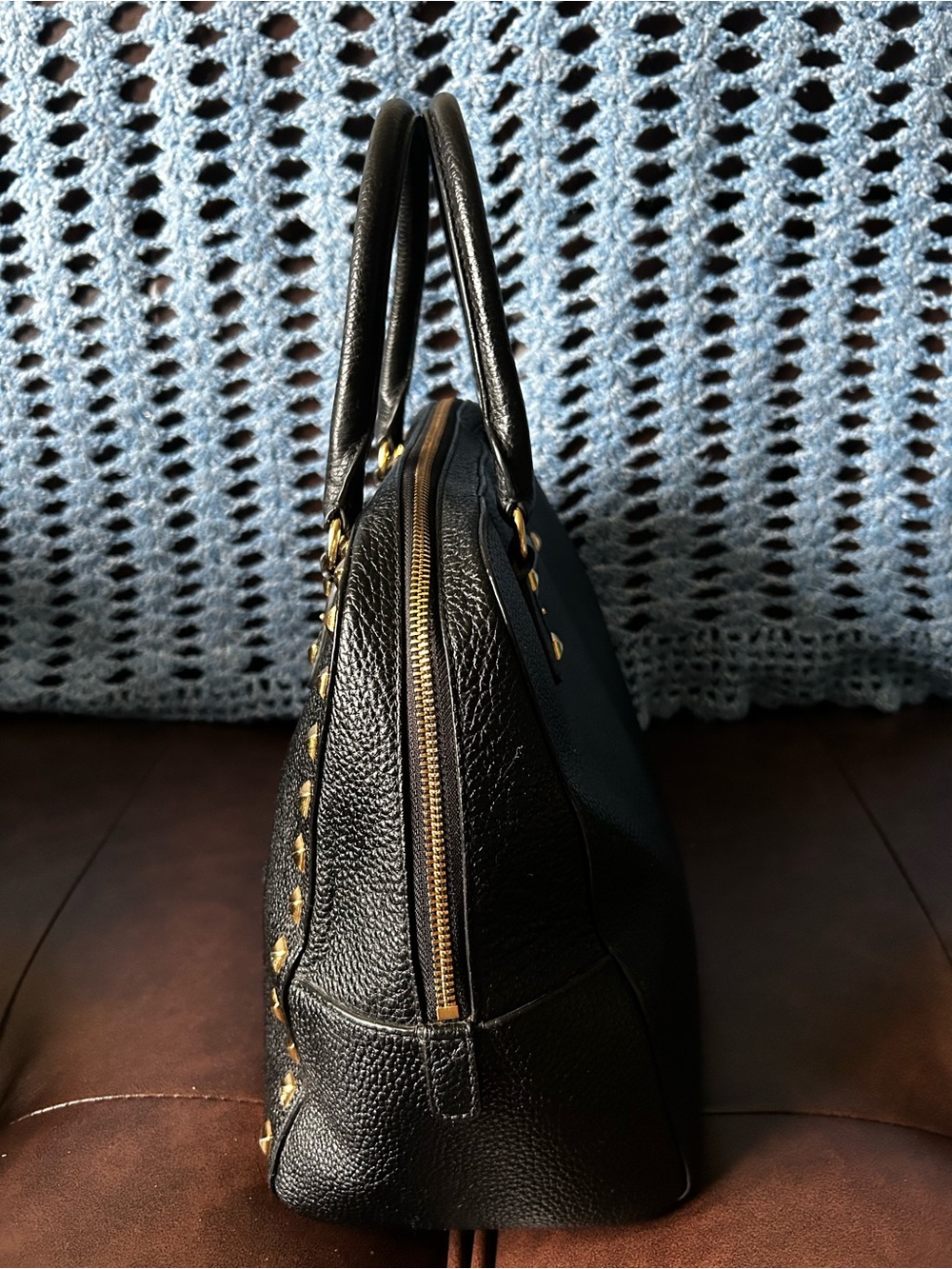 Michael Kors Sandrine Studded Leather Large Satchel Bag Black and Gold A - Picture 5 of 17